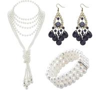 TOEECY Conjunto de joyería de perlas con diseño elegante collar de múltiples capas pendientes largos y pulsera ajustable joyería para mujer