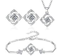 TOEECY Conjunto de joyería elegante con forma floral collar pulsera y pendientes de plata con circonitas brillantes para mujer (150 caracteres以上,避免使用禁词)