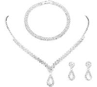 TOEECY Conjunto de Joyas Novia Cristal Collar Diamantes de Imitación de Plata Pulsera Pendientes Juegos de Joyas para Mujer Boda (#5)