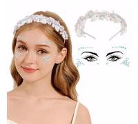 TOEECY Conjunto Diadema Conchas Marinas Perlas Brillantes Pegatinas Faciales Decorativas Accesorios Cabello Mujer Sirena
