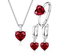 TOEECY Corazón Conjuntos de Joyas para Mujer y Niñas Cristal Colgante Collar Pendientes Anillo Cubic Zirconia Plata chapada 925 Fiesta Boda Nupcial Dama de Honor (Rojo)