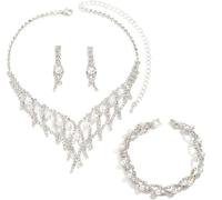 TOEECY Conjunto de Joyas Novia Cristal Collar Diamantes de Imitación de Plata Pulsera Pendientes Juegos de Joyas para Mujer Boda (#2)