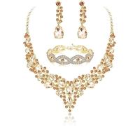 TOEECY Conjunto Joyas Nupciales Cristales Champán Collar Pendientes Pulsera Elegante Brillante Adornos Mujer Accesorios Ceremonia
