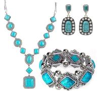 TOEECY Conjunto Turquesa Vintage Collar Pendientes Pulsera Piedra Natural Geometría Cuadrada Redonda Joyería Mujer Étnica