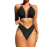 TOEECY Conjuntos de Bikinis para Mujer Cuello Halter Recorte Ruched Push Up Cintura Alta Traje De Baño Acolchados Retro Bañador 2 Piezas Bikinis Viajes Playa La Natacion (Negro,XL)