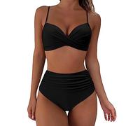 TOEECY Conjuntos de Bikinis para Mujer Push Up Cruzar Fruncido Cintura Alta Traje De Baño Acolchados Retro Bañador 2 Piezas Bikinis Viajes Playa La Natacion (Negro,L)