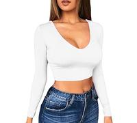 TOEECY Crop Top Sexy Mujer Camiseta de Manga Larga Profundo Cuello en V Corto Básica Camisa de Fondo Casual Slim Tops Elasticidad Color Sólido Jersey Pullover (Blanco,L)
