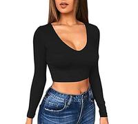 TOEECY Crop Top Sexy Mujer Camiseta de Manga Larga Profundo Cuello en V Corto Básica Camisa de Fondo Casual Slim Tops Elasticidad Color Sólido Jersey Pullover (Negro,S)