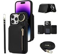 TOEECY Funda Cartera Crossbody Anillo Soporte Correa Colgante Cremallera Protector Teléfono Compatible iPhone 16 Pro