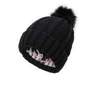 TOEECY Gorros Invierno Mujer Cálido Sombrero de Punto con Pompón de Piel Sintética Suave Grueso Gorra Tejida de Satén Forrado Proteger el Peinado Moda Cómodo Slouchy Bobble Beanie (Negro)