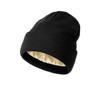 TOEECY Gorros Invierno Mujer Cálido Suave Fino Gorro De Punto Classics Básico Beanie con Forro de satén Proteger el Peinado Moda Cómodo Slouchy Sombrero de Punto Unisex (Negro)