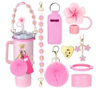 TOEECY Juego de accesorios para vaso de 40 oz con pajitas reutilizables mango ajustable pompones suaves y diseño floral accesorios decorativos de silicona para bebidas(Violet A)