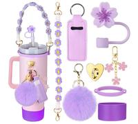 TOEECY Juego de accesorios para vaso de 40 oz con pajitas reutilizables mango ajustable pompones suaves y diseño floral accesorios decorativos de silicona para bebidas(Violet A)