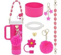 Toeecy Juego De Accesorios Para Vasos Con Diseño Floral Tapa De Silicona Ajustable Pajitas Reutilizables Llaveros Decorativos Y Soporte De Correa Tejido(Rosa Oscuro)