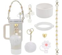 TOEECY Juego de accesorios para vasos con diseño floral tapa de silicona ajustable pajitas reutilizables llaveros decorativos y soporte de correa tejido(Blanco)