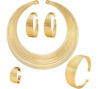 TOEECY Juegos de Joyas Nacional Africana para Mujer 5 Piezas Bib Dorado Choker Collares Babero Abierto Brazalete Puño Ancho Pendientes Anillos Oro/Plata Joyería Bisutería