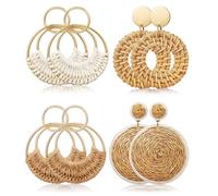 TOEECY Pendientes de Aro Tejidos a Mano para Mujer Juego de 4 Pendientes de Paja Natural Pendientes de Estilo Bohemio Accesorios de Moda para Ocasiones Especiales