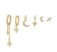 TOEECY Pendientes Mujer Plata Dorada 925 con Diseño de Luna y Estrella Set de 6 Pendientes Modernos para Mujer Joyería Elegante para Ocasiones Especiales