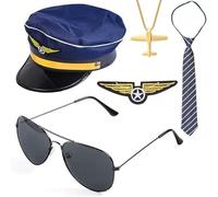TOEECY Set de Accesorios Disfraz Capitán Piloto Hombre Gorra de Piloto, Insignia, Corbata, Hombreras, Gafas Sol perfecto para Fiestas Máscara y Cosplay Hombres Adultos