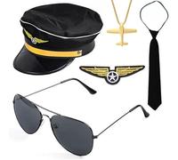 TOEECY Set de Accesorios Disfraz Capitán Piloto Hombre Gorra de Piloto, Insignia, Corbata, Hombreras, Gafas Sol perfecto para Fiestas Máscara y Cosplay Hombres Adultos