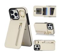 TOEECY Tarjetero Movil Fundas Soporte Magnético Funda Cartera con Cremallera Estuche de Cuero Multifuncional Ranuras Tarjetas Anillo Lectura Vídeos Sin Manos para iPhone(16/Blanco Roto)