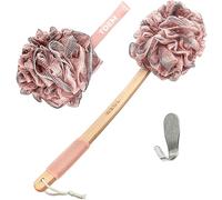 Toem Esponja de lufa para ducha, con infusión de fibra de carbón de bambú, para hombres y mujeres, incluye 1 esponja de ducha de mango largo, 1 puf de lufa de baño y ducha y 1 gancho para colgar cosas