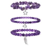 TOFBS 3 Piezas Pulsera Amatista Natural con Colgantes Estrella Luna Ala Conjunto Brazaletes Piedra Semipreciosa Joyería Artesanal 19cm