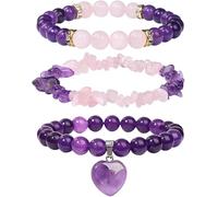 TOFBS 3 Piezas Pulseras Amatista Cuarzo Rosa Corazón Colgante Piedras Naturales Conjunto Brazaletes Cristales Elegantes Joyería Mujer