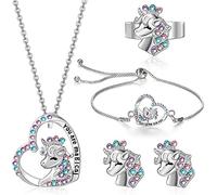 TOFBS 4 Piezas Conjunto Joyas Unicornio Corazón Cristales Multicolor Collar Pulsera Anillo Pendientes Plateado Brillante Ajustable Mujer Niña