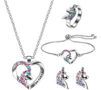 TOFBS 4 Piezas Conjunto Joyas Unicornio Corazón Cristales Multicolor Collar Pulsera Anillo Pendientes Plateado Brillante Ajustable Mujer Niña