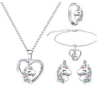 TOFBS 4 Piezas Conjunto Joyas Unicornio Corazón Cristales Multicolor Collar Pulsera Anillo Pendientes Plateado Brillante Ajustable Mujer Niña