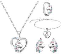 TOFBS 4 Piezas Conjunto Joyas Unicornio Corazón Cristales Multicolor Collar Pulsera Anillo Pendientes Plateado Brillante Ajustable Mujer Niña