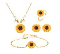 TOFBS 4 Piezas Conjunto Joyería Girasol Collar Pendientes Pulsera Anillo Ajustable Adorno Floral Mujer Plata Accesorios Elegantes