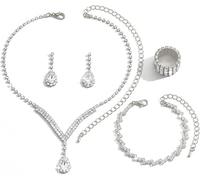 TOFBS 4 Piezas Conjunto Joyería Mujer Cristal Brillante Collar Gota Pendientes Pulsera Anillo Elástico Elegante Adorno Nupcial