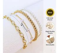 TOFBS 5 Piezas Pulseras Mujer Conjunto Cadena Eslabones Perlas Bolas Doradas Chapado 14k Ajustables Elegantes Joyería Femenina Brazalete