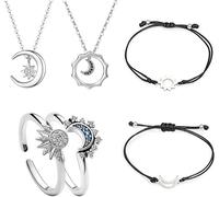 TOFBS 6 Piezas Conjunto Joyas Sol Luna Anillos Ajustables Collares Pulseras Cordón Celestial Brillantes Accesorios Mujer