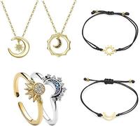 TOFBS 6 Piezas Conjunto Joyas Sol Luna Anillos Ajustables Collares Pulseras Cordón Celestial Brillantes Accesorios Mujer