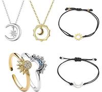 TOFBS 6 Piezas Conjunto Joyas Sol Luna Anillos Ajustables Collares Pulseras Cordón Celestial Brillantes Accesorios Mujer