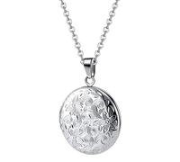 TOFBS Collar Foto Locket Personalizado Redondo Guardapelo Locket para Mujeres Collar Acero Inoxidable latón de Regalo Romántico Estampa Flores Joyería Personalizada Memorial para Madre (plateado)