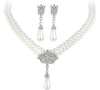 TOFBS Conjunto Collar Pendientes Perlas Lágrima Cristales Brillantes Flor Elegante Nupcial Mujer Joyería