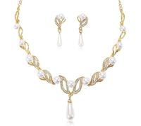 TOFBS Conjunto Collar Pendientes Perlas Lágrima Cristales Brillantes Flor Elegante Nupcial Mujer Joyería