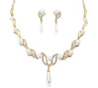 TOFBS Conjunto Collar Pendientes Perlas Lágrima Cristales Brillantes Flor Elegante Nupcial Mujer Joyería
