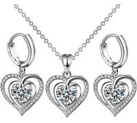 TOFBS Conjunto Corazón Brillante Colgante Collar Pendientes Aros Joyería Mujer Cristal Elegante Plata
