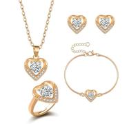 TOFBS Conjunto Joyas Corazón Cristal Brillante Collar Pendientes Pulsera Anillo Ajustable Mujer Elegante Plateado