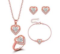 TOFBS Conjunto Joyas Corazón Cristal Brillante Collar Pendientes Pulsera Anillo Ajustable Mujer Elegante Plateado