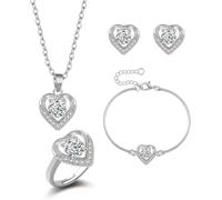 TOFBS Conjunto Joyas Corazón Cristal Brillante Collar Pendientes Pulsera Anillo Ajustable Mujer Elegante Plateado