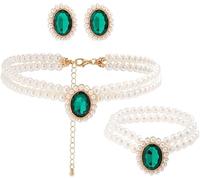 TOFBS Conjunto Joyas Perlas Cristal Ovalado Gema Esmeralda Collar Pulsera Pendientes Mujer Elegante Adorno