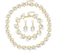TOFBS Conjunto Joyas Rama Floral Collar Pulsera Pendientes Perlas Cristales Brillantes Elegante Nupcial Ceremonia