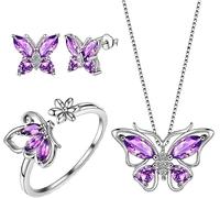 TOFBS Joyas de Mujer 4 Piezas Mujer Colgante Circón Mariposa Collar Pendientes Anillo Hipoalergénica Regalos para Esposa Amante Novia Madre(Morado)