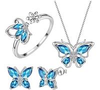 TOFBS Joyas de Mujer 4 Piezas Mujer Colgante Circón Mariposa Collar Pendientes Anillo Hipoalergénica Regalos para Esposa Amante Novia Madre(Azul)